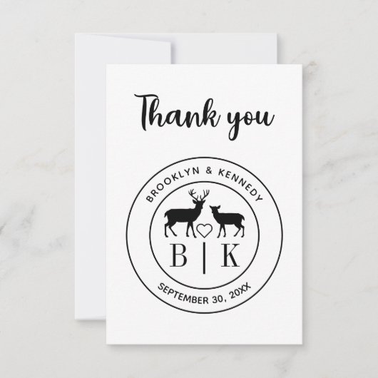 Hirsch Monogram Rustic Country Wedelname Dankeskarte (Vorderseite)