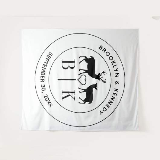 Hirsch Monogram Rustic Country Wedelname Wandteppich (Vorderseite (Horizontal))