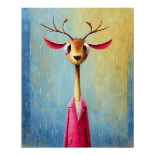 Hirsch Portrait - pinker Mantel - Cartoon Comic Poster (Vorderseite)