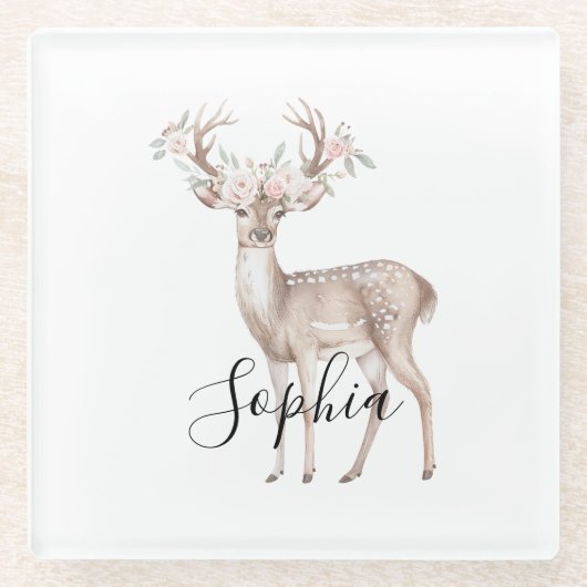 Hirsch Rosa Blumen Glasuntersetzer (Vorderseite)