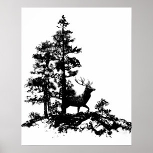 Hirsch-Rotwild-Baum-WaldtierSilhouette-Natur-Kunst Poster
