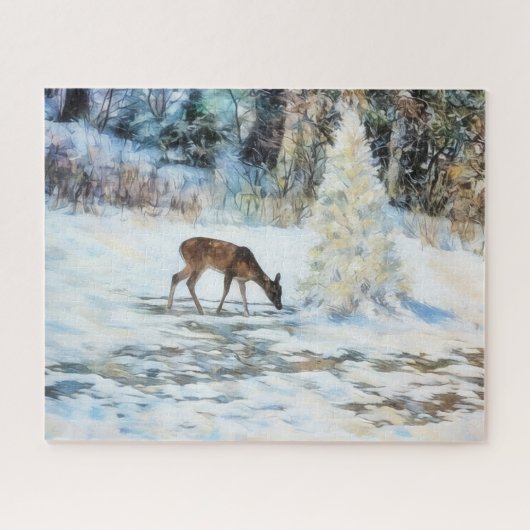 Hirsch Schnee Natur Kunst Großes Puzzle (Horizontal)