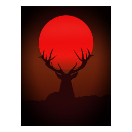 Hirsch-Silhouette mit feurigem rotem Sonnenunterga Poster
