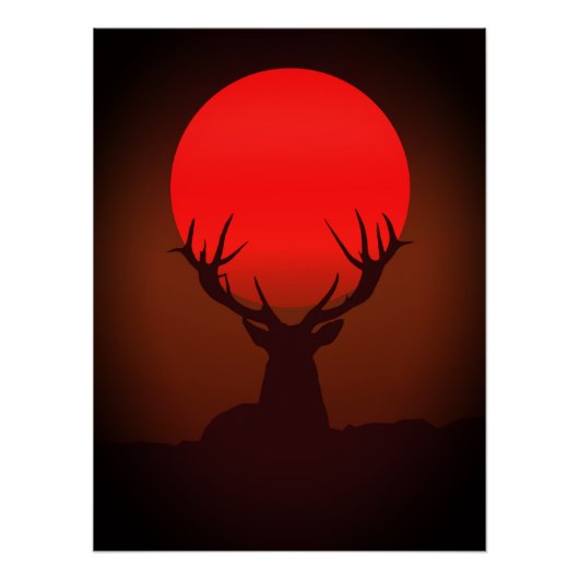 Hirsch-Silhouette mit feurigem rotem Sonnenunterga Poster (Vorderseite)