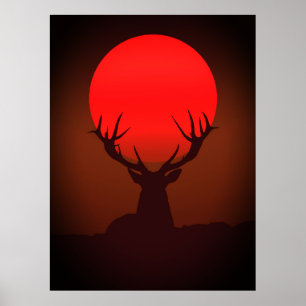 Hirsch-Silhouette mit feurigem roten Sonnenunterga Poster