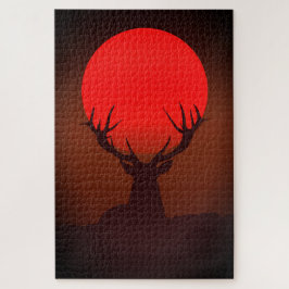 Hirsch-Silhouette mit feurigem roten Sonnenunterga Puzzle