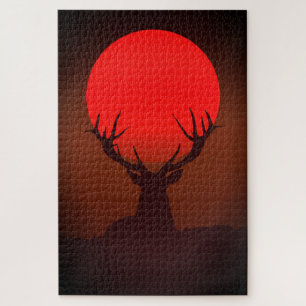 Hirsch-Silhouette mit feurigem roten Sonnenunterga Puzzle