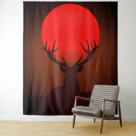Hirsch-Silhouette mit feurigem roten Sonnenunterga Wandteppich