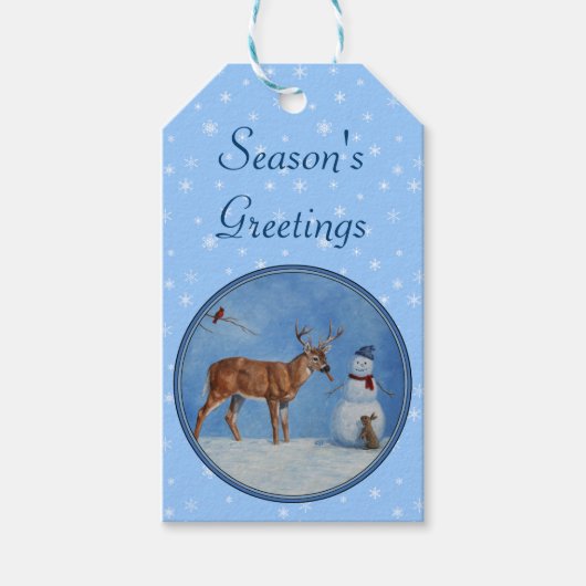 Hirsch & Snowman Weihnachten Schneeflocken Geschenkanhänger (Vorderseite)