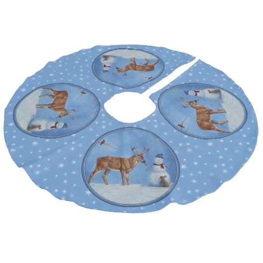 Hirsch & Snowman Weihnachten Schneeflocken Leinenimitat Weihnachtsbaumdecke (Schrägansicht)