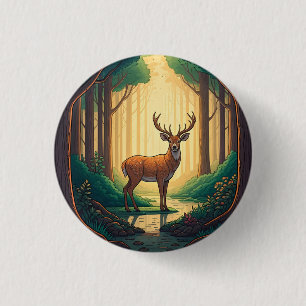 Hirsch steht an einem Bach in einem Wald Button
