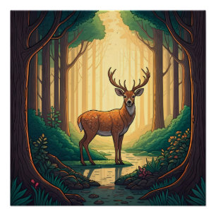 Hirsch steht an einem Bach in einem Wald Poster