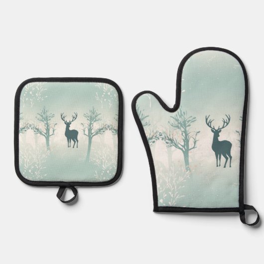 Hirsch- und Baummuster Ofenhandschuh & Topflappen-Set (Vorderseite)