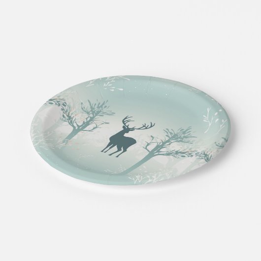 Hirsch- und Baummuster Pappteller (Schrägansicht)