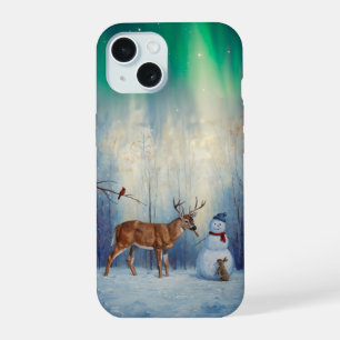 Hirsch und glücklicher Schneemann Winterurlaubssze iPhone 15 Hülle