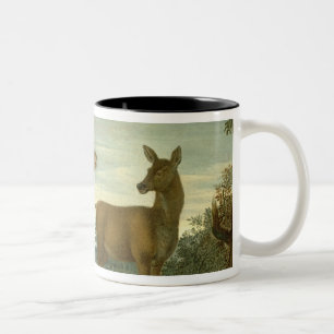 Hirsch und Hinter in einer bewaldeten Landschaft Zweifarbige Tasse