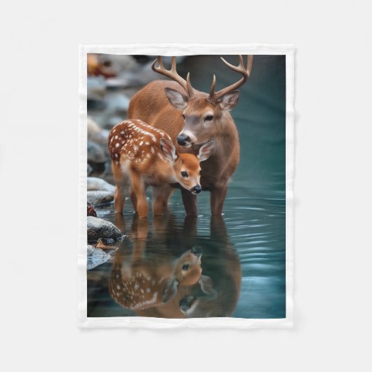 Hirsch und Kitz am Wasserbett Fleecedecke (Vorderseite)