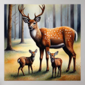 Hirsch und Kitze im Wald Wildtiere Poster (Vorne)