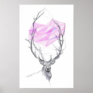 Hirsch und rosa geometrisches Herz Zeichnung Tierk Poster