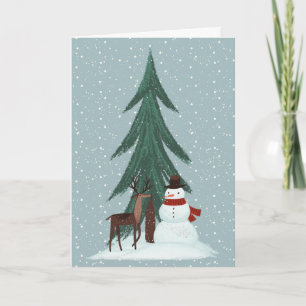 Hirsch und Schneemann in Schneeflocken Karte