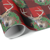 Hirsch und Weihnachtskranz auf Kariert Geschenkpapier (Rolleneckpunkt)