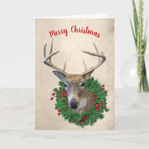 Hirsch und Weihnachtskranz Feiertagskarte