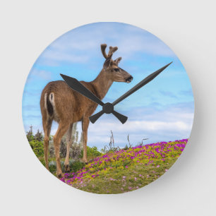 Hirsch-Wanduhr Küsten-Wildblumen-Wildtiere Runde Wanduhr