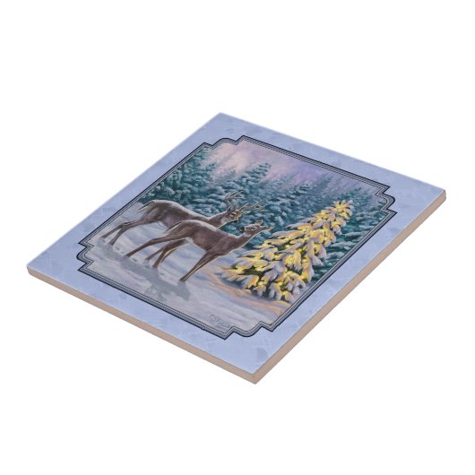 Hirsch & Weihnachtsbaum Winter Blue Fliese (Seite)