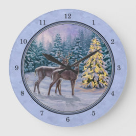 Hirsch & Weihnachtsbaum Winter Blue Große Wanduhr