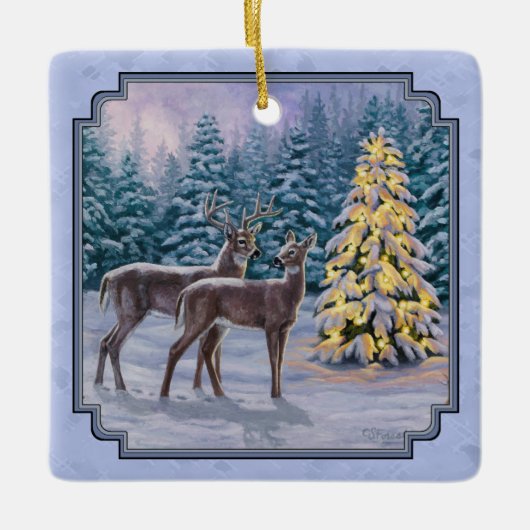 Hirsch & Weihnachtsbaum Winter Blue Keramikornament (Vorderseite)