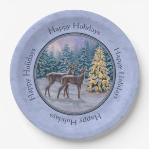 Hirsch & Weihnachtsbaum Winter Blue Pappteller