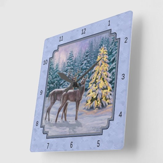 Hirsch & Weihnachtsbaum Winter Blue Quadratische Wanduhr (Winkel)