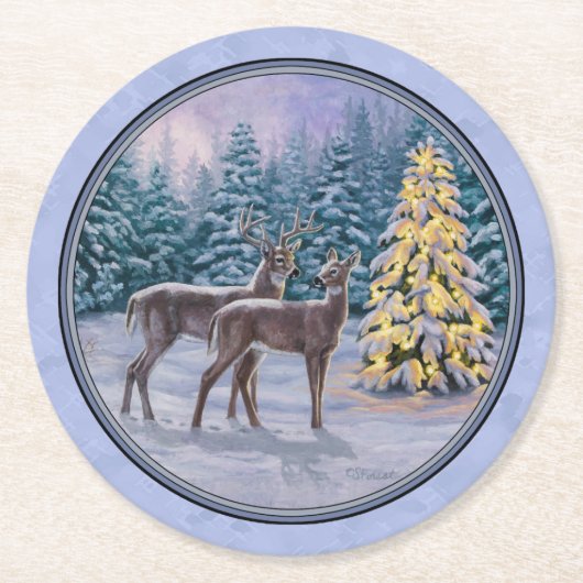 Hirsch & Weihnachtsbaum Winter Blue Runder Pappuntersetzer (Vorderseite)