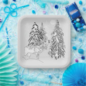 Hirsch, Winter, Wald, Weihnachtsbäume, einfarbig Pappteller (Party)