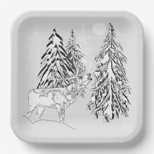 Hirsch, Winter, Wald, Weihnachtsbäume, einfarbig Pappteller (Vorderseite)