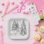 Hirsch, Winter, Wald, Weihnachtsbäume, einfarbig Pappteller (Party)