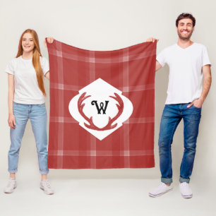 Hirschantler Rustikaler Minimaler Monogram Burgund Fleecedecke