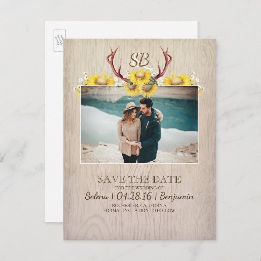 Hirschantler und Sonnenblumen Foto Save the Date Ankündigungspostkarte (Vorne/Hinten)