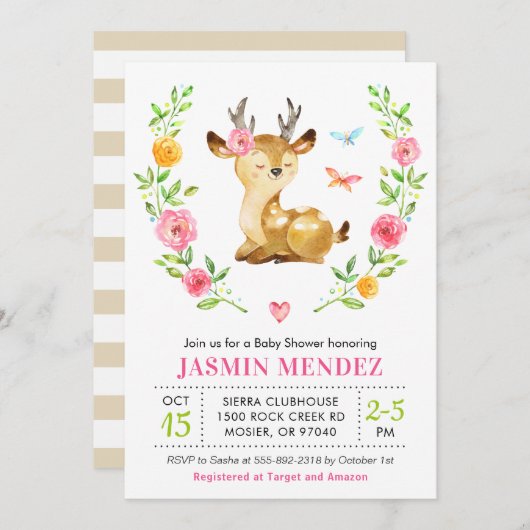 Hirschbaby Girl Dusche Rosa Sprinkle Niedliche Blü Einladung (Vorne/Hinten)