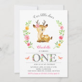 Hirschbaby Girl Woodland Floral 1. Geburtstag Einladung (Vorderseite)