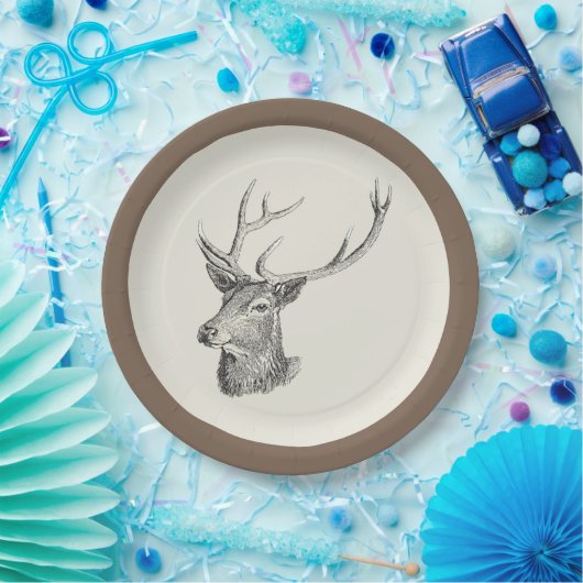 Hirschbuck Kopf mit Antlern Schwarz und Weiß Kunst Pappteller (Party)