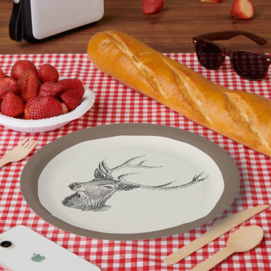 Hirschbuck Kopf mit Antlern Schwarz und Weiß Kunst Pappteller (Picknick)