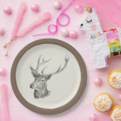 Hirschbuck Kopf mit Antlern Schwarz und Weiß Kunst Pappteller (Party)