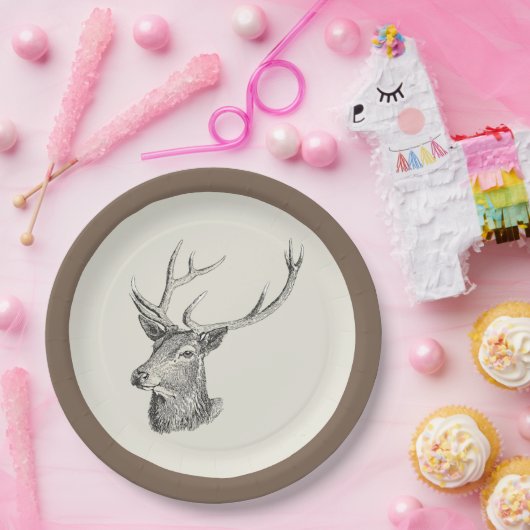 Hirschbuck Kopf mit Antlern Schwarz und Weiß Kunst Pappteller (Party)