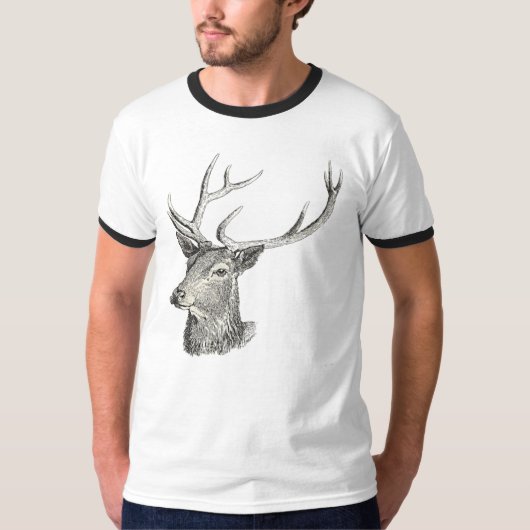 Hirschbuck Kopf mit Antlern Schwarz und Weiß Kunst T-Shirt (Vorderseite)