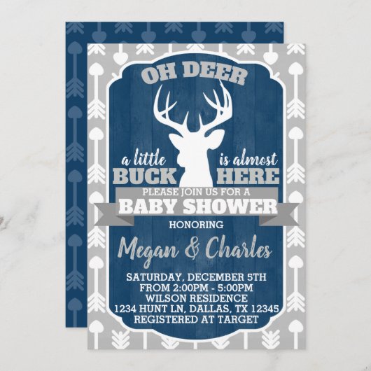 Hirsche Antler Baby Dusche Einladung Marine Gray (Vorne/Hinten)