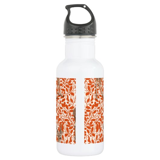 Hirsche auf dekorativen Eichenfeuermustern in dunk Edelstahlflasche (Rückseite)