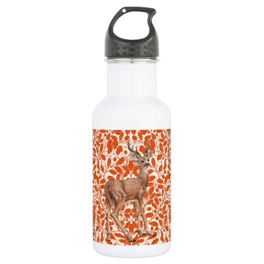 Hirsche auf dekorativen Eichenfeuermustern in dunk Edelstahlflasche (Vorderseite)
