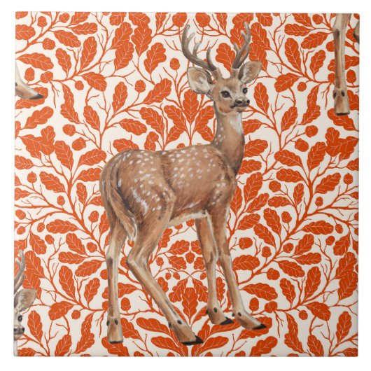 Hirsche auf dekorativen Eichenfeuermustern in dunk Fliese (Vorderseite)