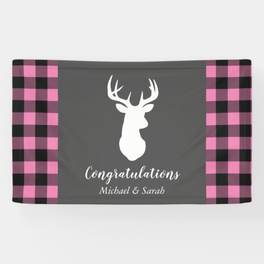 Hirsche Babydusche Mädchen Pink Kariert Banner (Horizontal)